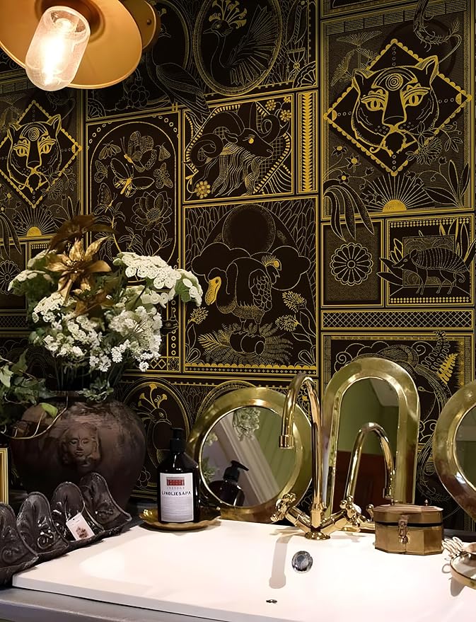 Black and Gold Wallpaper Peel and Stick Vintage Wall Paper Removable Waterproof Animal Print Contact Paper for Bedroom, Bathroom, Home Wall 17.3