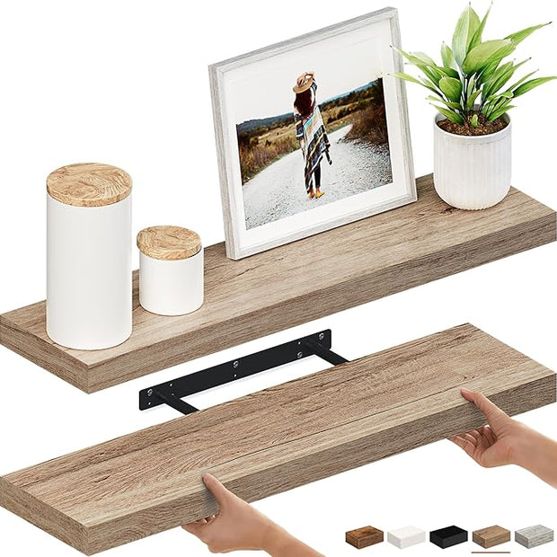 Ballucci Floating Shelves, 36" Wood Wall Shelf Set of 2, with Invisible Brackets for Bathroom, Living Room, Bedroom, Kitchen, Nursery, 6" Deep, Oak Finish