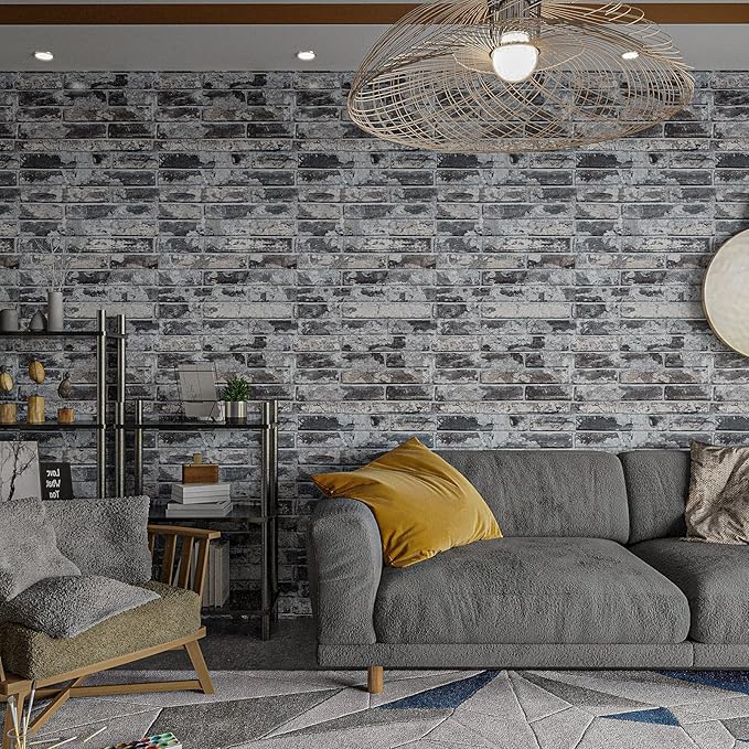 VEELIKE 15.7''x118'' Grey Brick Wallpaper Peel and Stick 3D Textured Faux Brick Wall Paper Self Adhesive Removable Waterproof Rustic Brick Contact Paper for Walls Bedroom Backsplash Cabinet Backdrop
