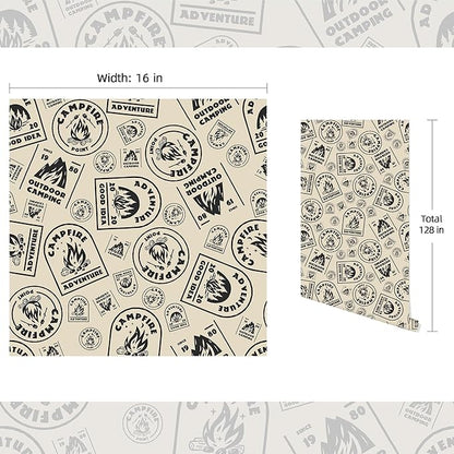 FLFK Beige Wallpaper Peel and Stick Antique Campfire Postmark Contact Paper Removable Self Adhesive Wall Paper for Bedroom Bathroom Cabinet Decor 16" x 128"