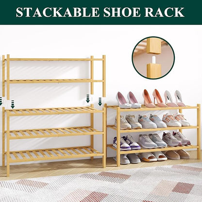 Smiry Bamboo Shoe Rack for Closet, 3 Tier Wooden Stackable Shoe Organizer, Free Standing Shoes Storage Shelf for Entryway, Front Door Entrance, Natural & White