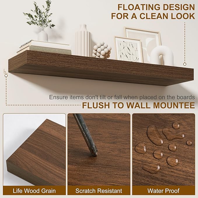 Fun Memories Floating Shelves for Wall, 36Inch Floating Shelves Set of 2, Hanging Shelf with Invisible Brackets, Bathroom Shelves for Living Room, Bedroom, Kitchen-Walnut