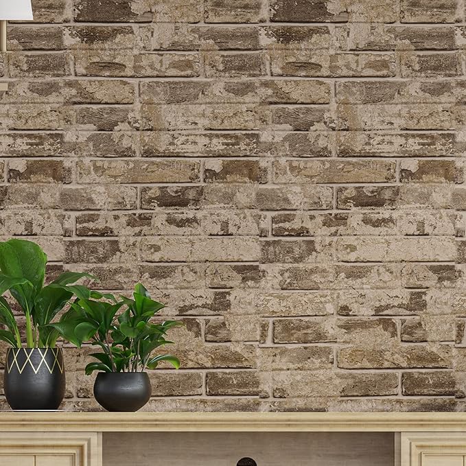 VEELIKE Brown Faux Brick Wallpaper 15.7''x118'' 3D Textured Peel and Stick Wall Paper Self Adhesive Waterproof Contact Paper for Wall Kitchen Backsplash Room Decor Vinyl