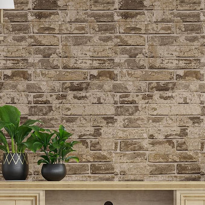 VEELIKE Brown Faux Brick Wallpaper 15.7''x118'' 3D Textured Peel and Stick Wall Paper Self Adhesive Waterproof Contact Paper for Wall Kitchen Backsplash Room Decor Vinyl