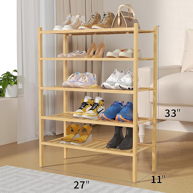 5 Tier Bamboo Shoe Rack for Closet Free Standing Wood Shoe Shelf for Entryway Small Space Stackable 27