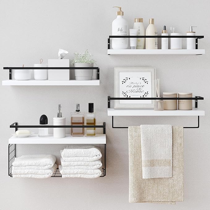 White Wood Floating Shelves Wall Mounted - 4+1 Tier Rustic Bathroom Wall Shelves Over Toilet with Wire Storage Basket and Towel Bar, set of 4 Farmhouse Floating Shelf for Bathroom, Kitchen, Bedroom.