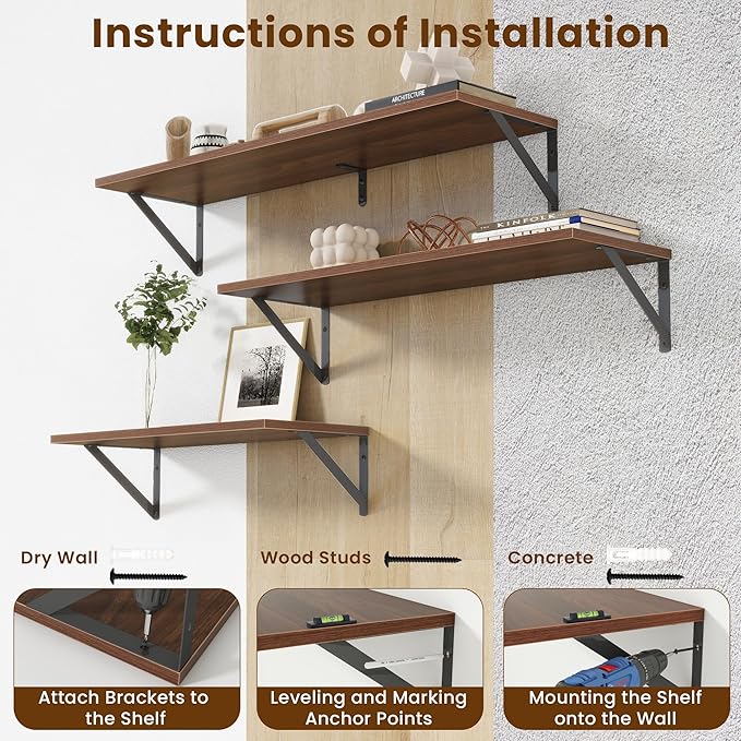 Deep Floating Shelves for Wall,36Wx8D Wall Mounted Shelves Set of 2,Wall Storage Floating Shelf with Sturdy Metal Brackets for Living Room,Bathroom,Kitchen,Office,Walnut