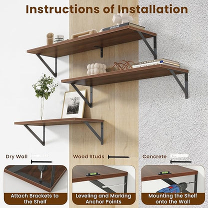 Floating Shelves for Wall,48" Wx8 D Wood Wall Shelves,Hanging Storage Floating Shelf with Metal Brackets,Wide Floating Bookshelf for Living Room,Office,Bedroom,Bathroom,Set of 2,Walnut