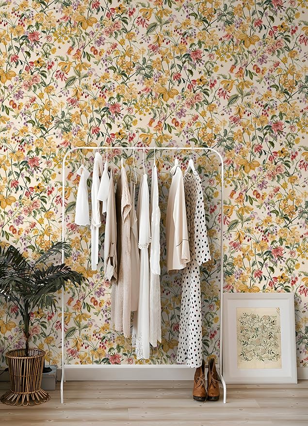 Floral Wallpaper Peel and Stick Boho Wall Paper Removable Waterproof Yellow/Green/Red Contact Paper for Bedroom, Bathroom, Home Wall 17.3" x 118"