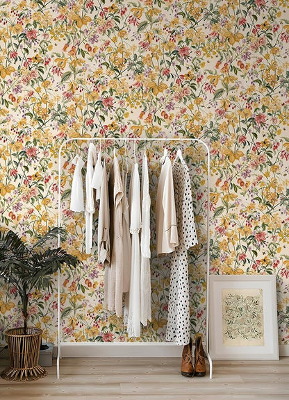 Floral Wallpaper Peel and Stick Boho Wall Paper Removable Waterproof Yellow/Green/Red Contact Paper for Bedroom, Bathroom, Home Wall 17.3" x 118"