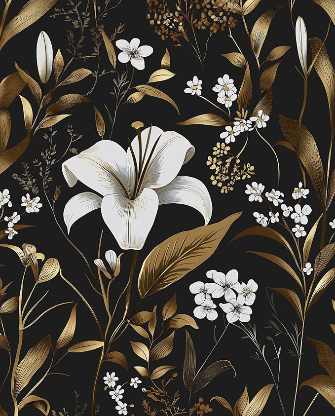 Black Gold Wallpaper Peel and Stick, Dark White Floral Vintage Contact Paper 17.5" x 197", Golden Botanical Wall Paper Self Adhesive Removable Waterproof for Bedroom Shelf Drawer Table Decor