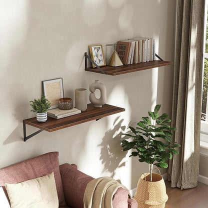 Deep Floating Shelves Wall Mounted, 30"x12" Walnut Wall Shelves with Brackets Set of 2 for Bedroom, Living Room, Bathroom, Kitchen, Office - Storage & Display Shelf for Decor, Books, Plants