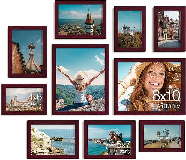 Vittanly Picture Frames Set of 10, Picture Frames Collage Wall Decor with Two 8x10, Four 5x7 and Four 4x6 Photo Frames, Gallery Wall Frame Set for Wall or Tabletop Display, Cherry Red