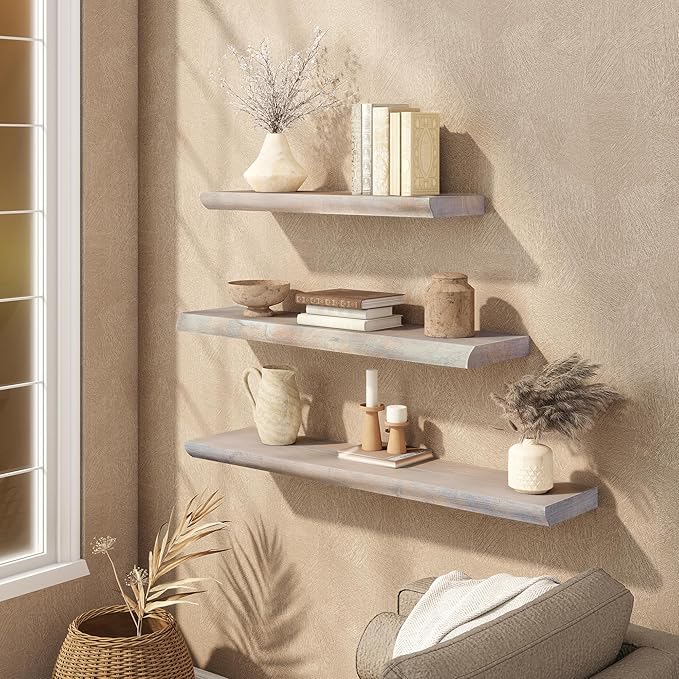 Live Edge Floating Shelf, 40 Inch Solid Elm Wood - Weathered Gray Rustic Wood Wall Shelf with Invisible Brackets for Living Room, Kitchen, Bathroom