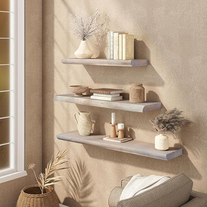 Live Edge Floating Shelves Set of 2, 32 Inch Solid Elm Wood Wall Shelves - Invisible Bracket Mount for Living Room, Bedroom, Kitchen, Bathroom | Weathered Gray
