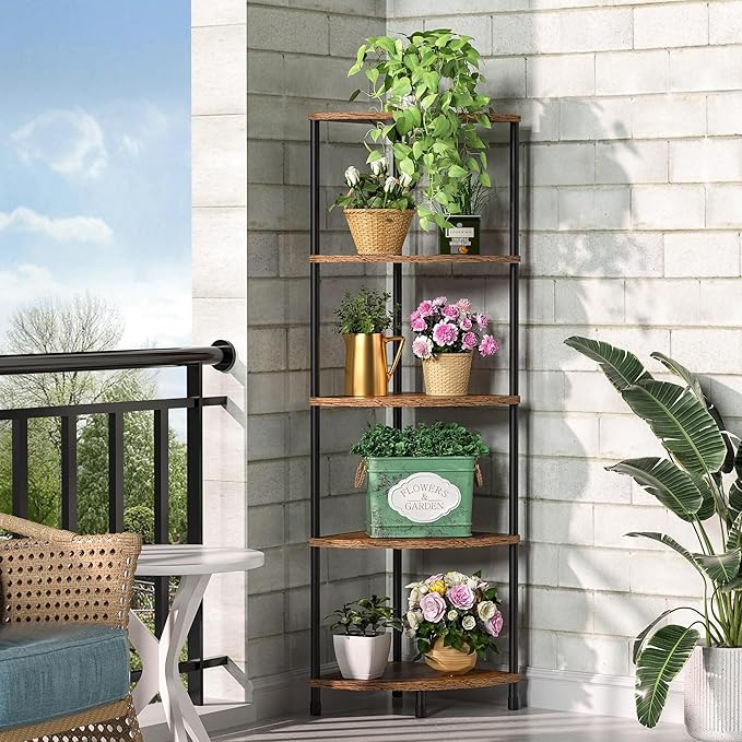Corner Plant Stand Shelf, 5 Tier Tall Shelf Plant Stand for Indoor Plants, Rustic Brown Corner Bookshelf Wall Decor Living Room, 44.1