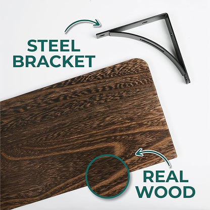 Reinforced Steel Bracket Brown Shelves for Wall - Easy to Install, Template and Video Included - Wall Mounted Rustic Wood Shelves for Bathroom, Wall Shelves for Living Room