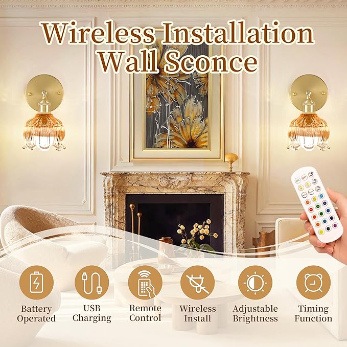Vintage Battery Wall Sconce with Flower lampshade,Rechargeable Battery Powered Wall Lights,Wall lamp with 15 Colors for Bedroom Living Room Home Decor (Flower Amber, 2 Light Battery Operated)