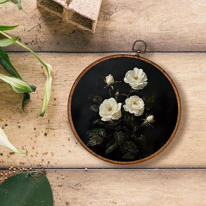 KSDUT Flower Wall Art Decor - Botanical Neutral Mid Century Modern Wall Art Canvas Frame Hanging Prints, Vintage White Floral Round Wall Art Decor for Home Decorations 10"x10"
