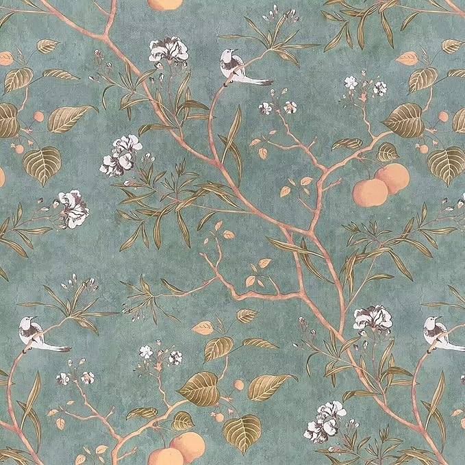 Green Floral Wallpaper Peel and Stick Bird Wallpaper 17.5" x 393" Vintage Contact Paper Waterproof Self Adhesive Removable Boho Floral Wall Paper for Bedroom Walls Cabinet Locker