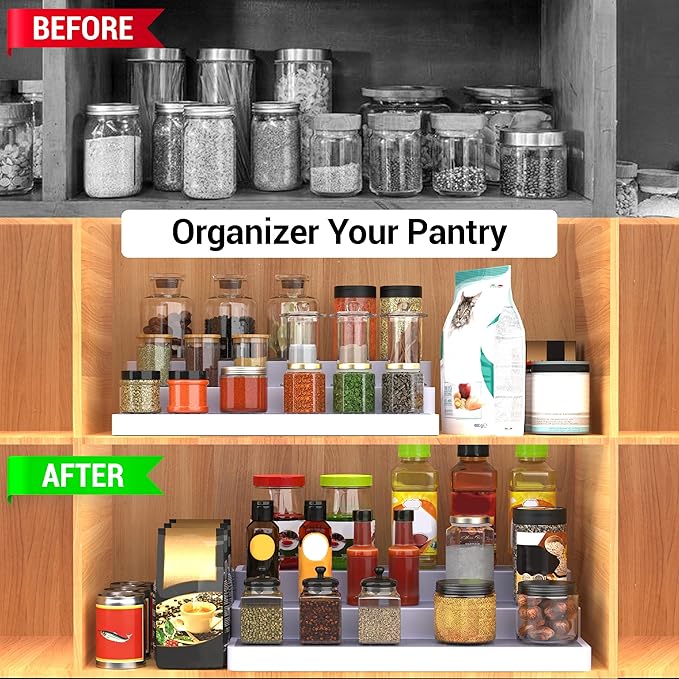 YAN & HIN 3-Tier Spice Rack Organizer for Cabinet, 3 Pack Expandable Shelf Organizer with Non-Slip Surface, Kitchen Cabinet & Pantry Storage for Spices, Cans & Bottles