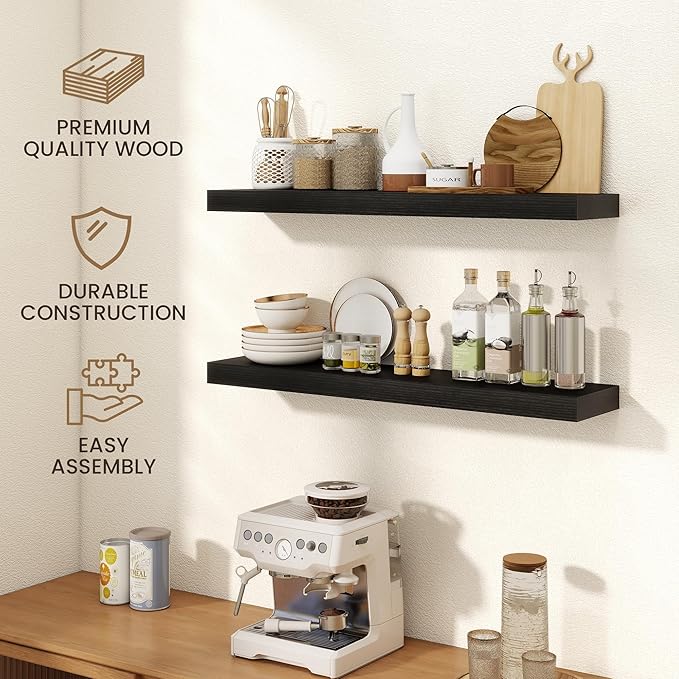 40 Inch Floating Shelves | 6.5 Inch Deep Black Floating Shelves Set of 2 | 40