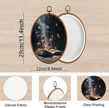 KSDUT Retro Flower Book Wall Art Decor - Botanical Neutral Mid Century Modern Wall Art Canvas Frame Hanging Prints, Vintage Dark Academia Rose Oval Artwork Decor for Home Decorations 8.6"x11.4"
