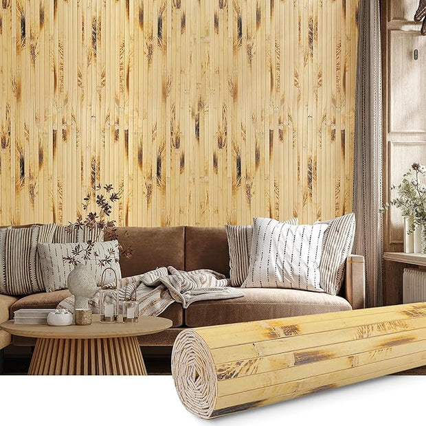 FONUNO Bamboo Wall Panel for Interior Decoration Bamboo Pole Wrap Roll Natural Wainscoting Paneling Decorative Wall Slat Covering for Living Room, Bedroom, Office (48 Inch x 96 Inch, Light Burned)
