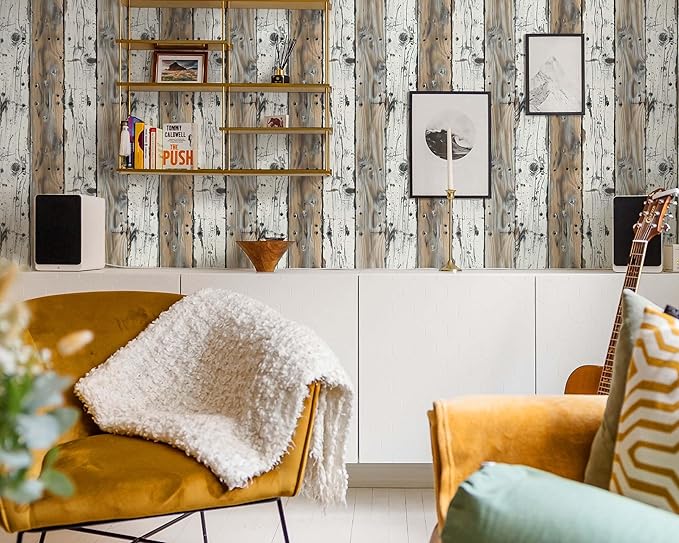 FLFK Rustic Wood Wallpaper Peel and Stick Wood Grain Shiplap Design Wall Paper for Living Room Bedroom Kitchen Office Apartment Decor 16" x 64"