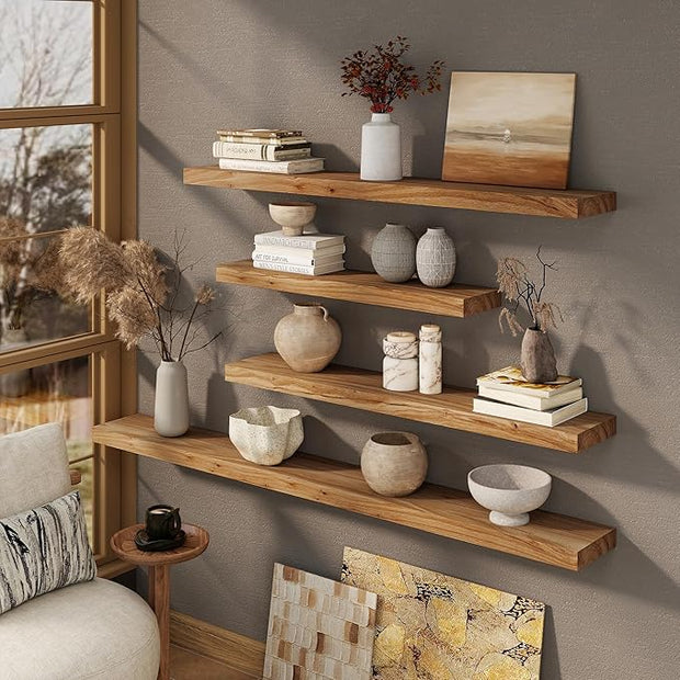 Marsmiles 24 inch Floating Shelves for Wall Solid Elm Wood Shelves|Rustic Wall Shelves with Invisible Heavy-Duty Bracket for Bathroom Living Room Kitchen|Natural, 2 Pack