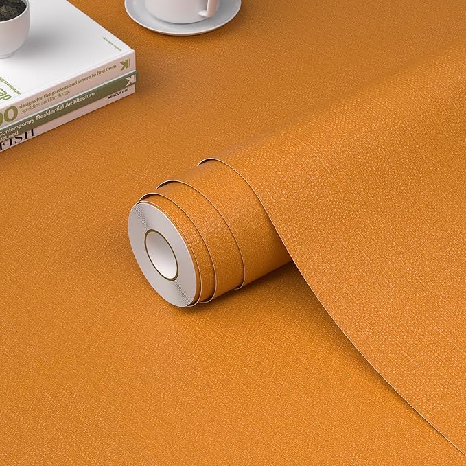 WADILE Grasscloth Peel and Stick Wallpaper 15.7in x 196.8in, Textured Contact Paper for Cabinets, Faux Linen Wall Paper Pull and Stick, Fabric Vinyl Wallpaper Self Adhesive Orange