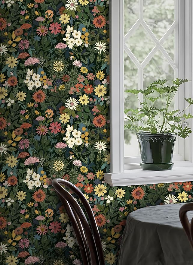 Peel and Stick Wallpaper Boho Wall Paper Removable Green Floral Contact Paper for Bedroom, Bathroom, Kitchen 17.3“ x 236.3”