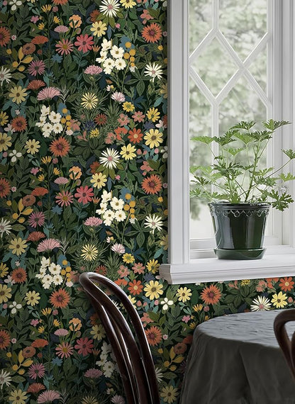 Peel and Stick Wallpaper Boho Wall Paper Removable Green Floral Contact Paper for Bedroom, Bathroom, Kitchen 17.3“ x 236.3”