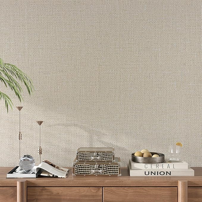 VEELIKE Beige Grasscloth Wallpaper Textured Peel and Stick Grass Cloth Wallpaper for Bedroom Living Room Wall Covering 15.7''x118'' Removable Prepasted Weave Wallpaper Beige Contact Paper for Walls