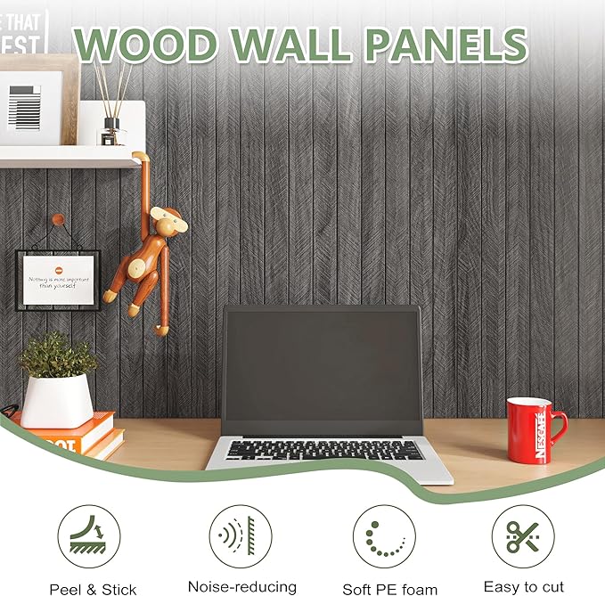 ReWallpaper 24inx16.5ft Charcoal Black Wood Panels Peel and Stick Sound Proof Foam Panels for Walls Self Adhesive Faux Wood Slat Wall Panel Waterproof Wall Covering for Garage Living Room Accent Walls