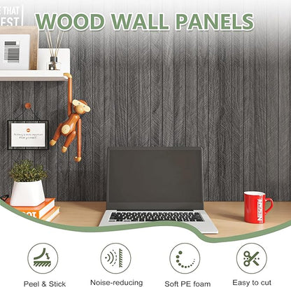 ReWallpaper 24inx16.5ft Charcoal Black Wood Panels Peel and Stick Sound Proof Foam Panels for Walls Self Adhesive Faux Wood Slat Wall Panel Waterproof Wall Covering for Garage Living Room Accent Walls