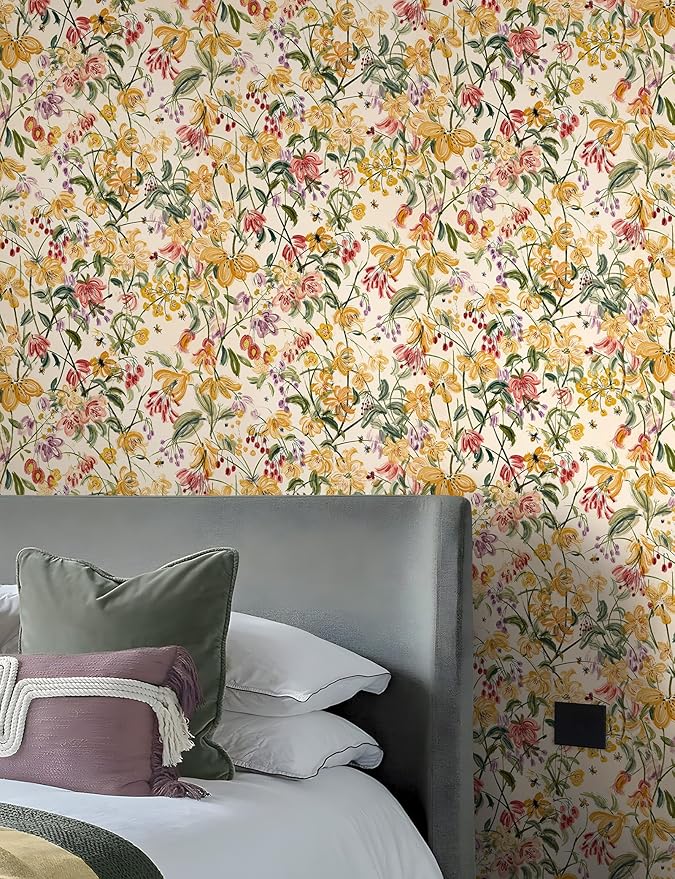 Floral Wallpaper Peel and Stick Boho Wall Paper Removable Waterproof Yellow/Green/Red Contact Paper for Bedroom, Bathroom, Home Wall 17.3" x 118"