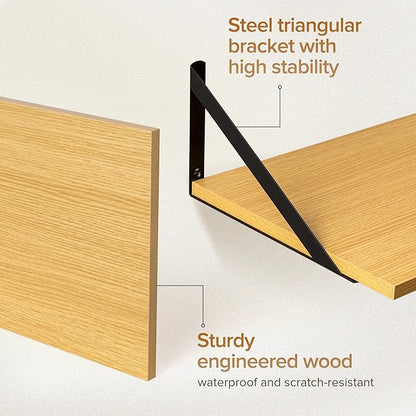 Deep Floating Shelves Wall Mounted, 16"x12" Oak Wall Shelves with Brackets Set of 2 for Bedroom, Living Room, Bathroom, Kitchen, Office - Storage & Display Shelf for Decor, Books, Plants