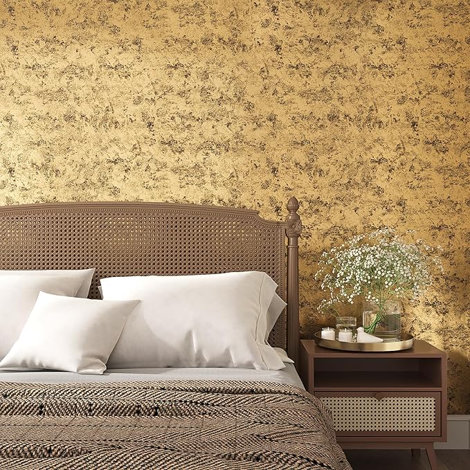 VEELIKE Metallic Wallpaper Stick and Peel Textured Gold Wallpaper for Bedroom Accent Walls 15.7''x118'' Self Adhesive Gold Contact Paper for Cabinets Drawers Waterproof Removable Gold Vinyl Wallpaper