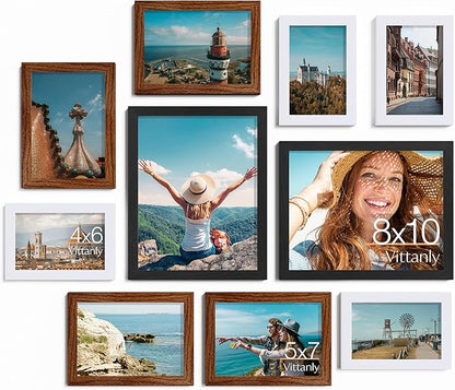 Vittanly 10 Pack Picture Frames, Picture Frames Collage Wall Decor with Two 8x10, Four 5x7 and Four 4x6 Photo Frames, Gallery Wall Frame Set for Wall or Tabletop Display, Black, Walnut Brown and White