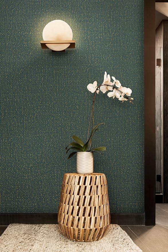 Guvana Grasscloth Peel and Stick Wallpaper Green/Gold Textured Contact Paper Vintage Removable Self Adhesive Wall Paper Thicken Fabric Faux Linen Wallpaper for Bathroom Living Room Decor 78.7inx15.7in