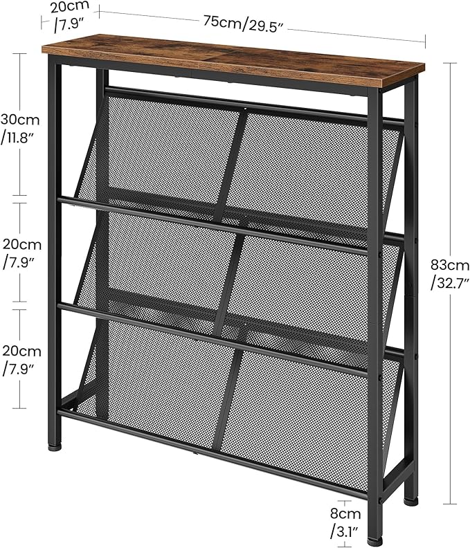 Shoe Rack, 4-Tier Slanted Shoe Storage Shelf, Narrow Shoe Rack for Entryway, Shoe Organizer with Adjustable Feet, Slim Shoe Shelf with Wooden Top and Metal Frame Rustic Brown and Black TXJ75BF