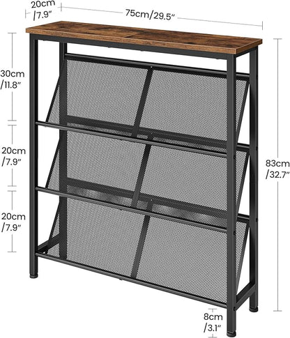 Shoe Rack, 4-Tier Slanted Shoe Storage Shelf, Narrow Shoe Rack for Entryway, Shoe Organizer with Adjustable Feet, Slim Shoe Shelf with Wooden Top and Metal Frame Rustic Brown and Black TXJ75BF