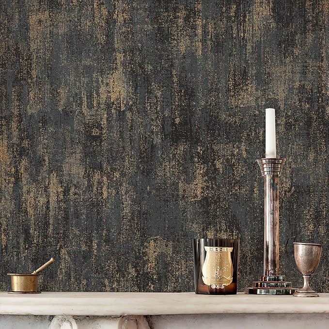 Simon&Siff Black and Gold Textured Wallpaper Distressed Industrial Metallic Wallpaper 17.3in x 39.4ft Non Woven Wall Paper for Bedroom Livingroom 3D Embossed Traditional Wall Paper Non-Pasted