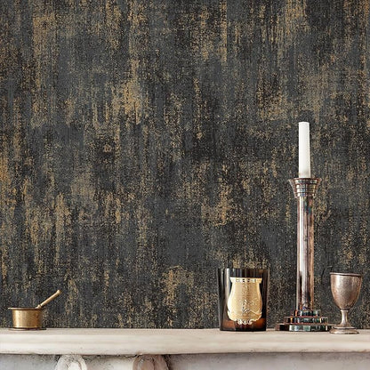 Simon&Siff Black and Gold Textured Wallpaper Distressed Industrial Metallic Wallpaper 17.3in x 39.4ft Non Woven Wall Paper for Bedroom Livingroom 3D Embossed Traditional Wall Paper Non-Pasted