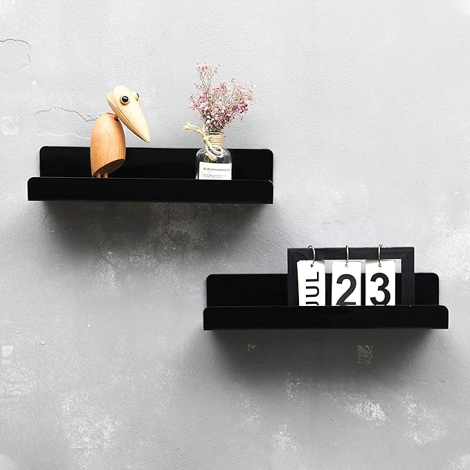 IEEK 15 Inch Black Acrylic Floating Wall Ledge Shelf,Wall Mounted Nursery Kids Bookshelf,5MM Thick Home/Office/Bathroom Storage Shelves Display Organizer Set of 3