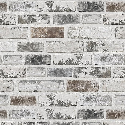 Brick Wallpaper Peel and Stick Wallpaper 17.3"x590" Grey and White 3D Brick Wallpaper Self Adhesive Vintage Wallpaper Removable Textured Contact Paper for Fireplace Kitchen Home Decoration Vinyl