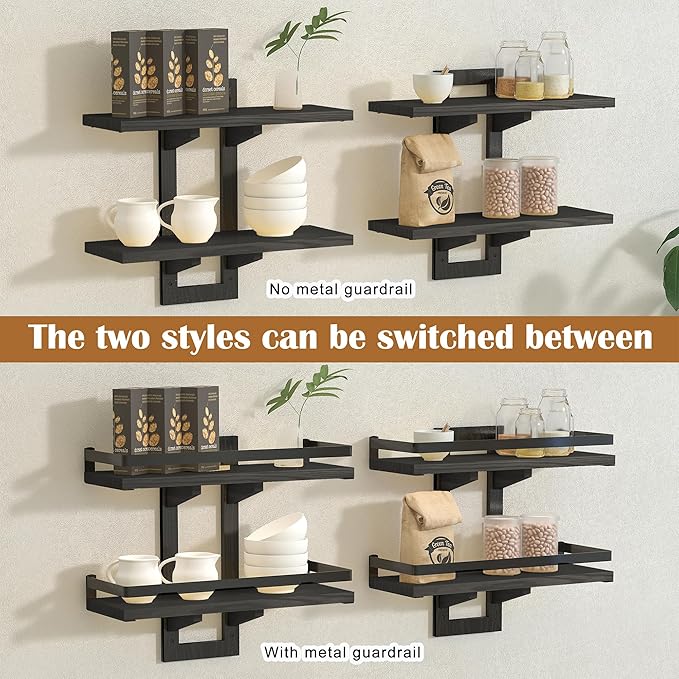 Floating Shelves for Wall, 2-Tier Wood Hanging Decor Storage Shelves, Wall Mounted Floating Shelf for Living Room, Bedroom, Bathroom,Kitchen, Office, Study (2-Pack Black)