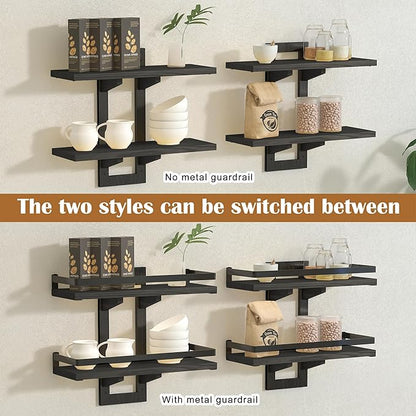 Floating Shelves for Wall, 2-Tier Wood Hanging Decor Storage Shelves, Wall Mounted Floating Shelf for Living Room, Bedroom, Bathroom,Kitchen, Office, Study (2-Pack Black)