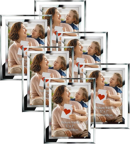 PETAFLOP 5x7 Picture Frames, Mirrored Glass Photo Frame 5 by 7 for Tabletop Display, Set of 6